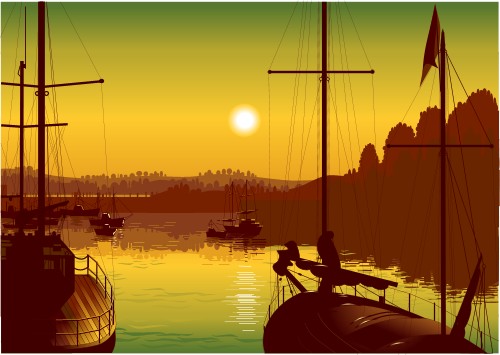 Fishing schooners on dawn; Schooner, yacht, the sea, dawn, decline, fishermen