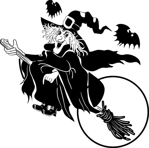 Witch on broomstick; Moon, Broomstick, Bats, Witch, Woman, Kettle, Apron, Pointed hat, Black